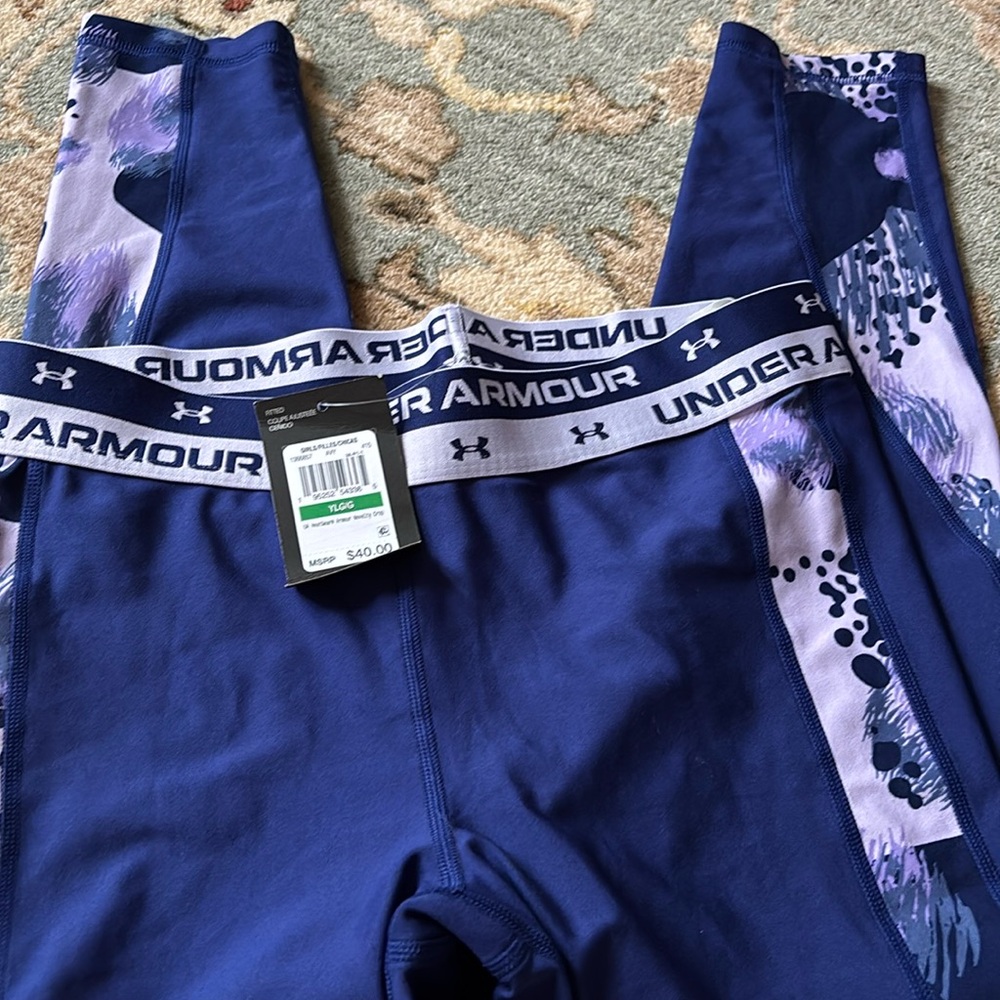 Under Armour fitted girls tights size YLG purple with fun print